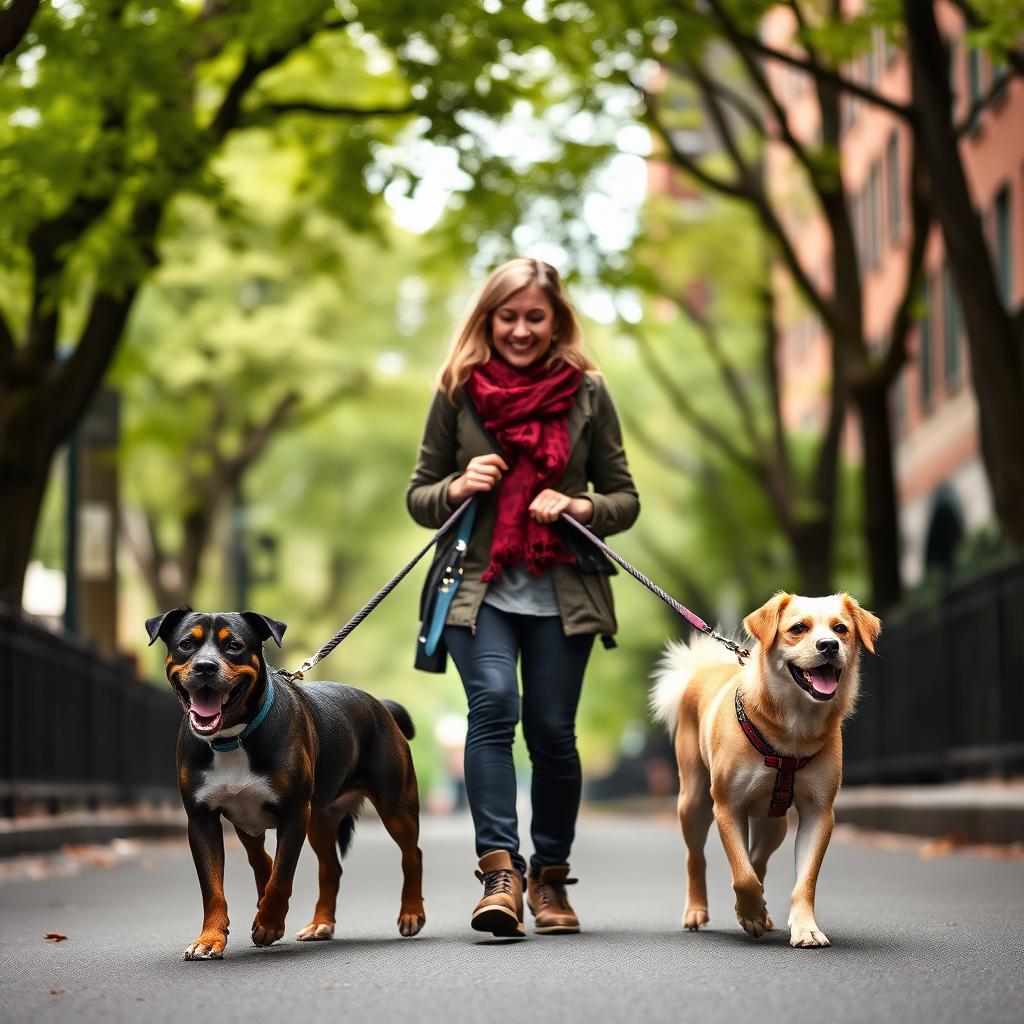 A dog walker walks two rescued dogs on a tree-lined NYC street