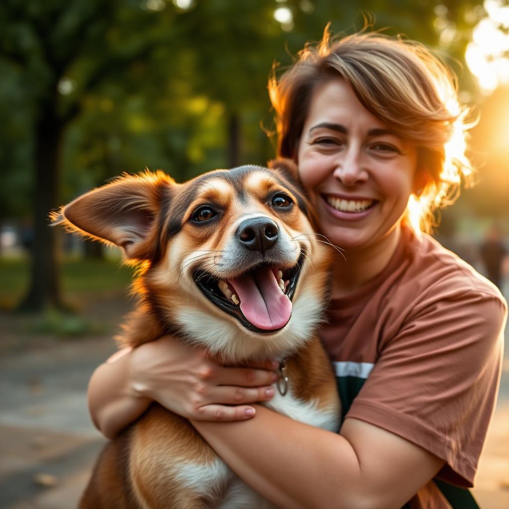 A volunteer hugs a rescued dog in a New York City park at golden hour